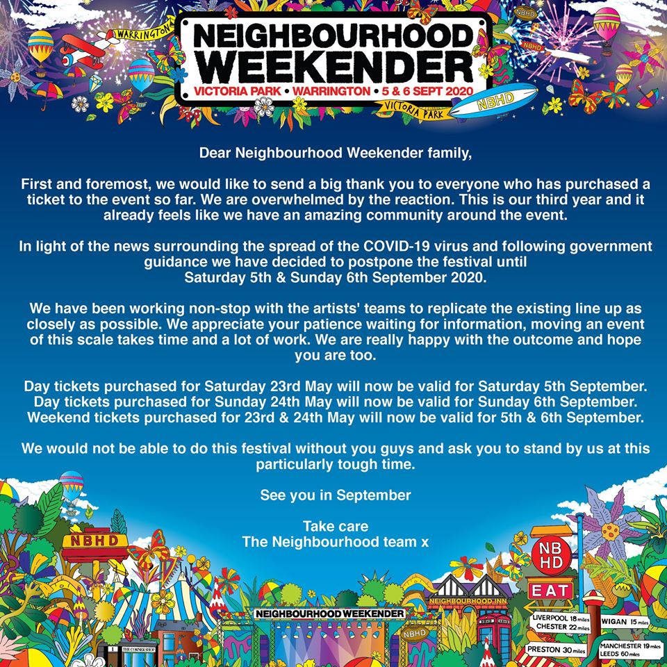 Neighbourhood Weekender Rescheduled To September Due To